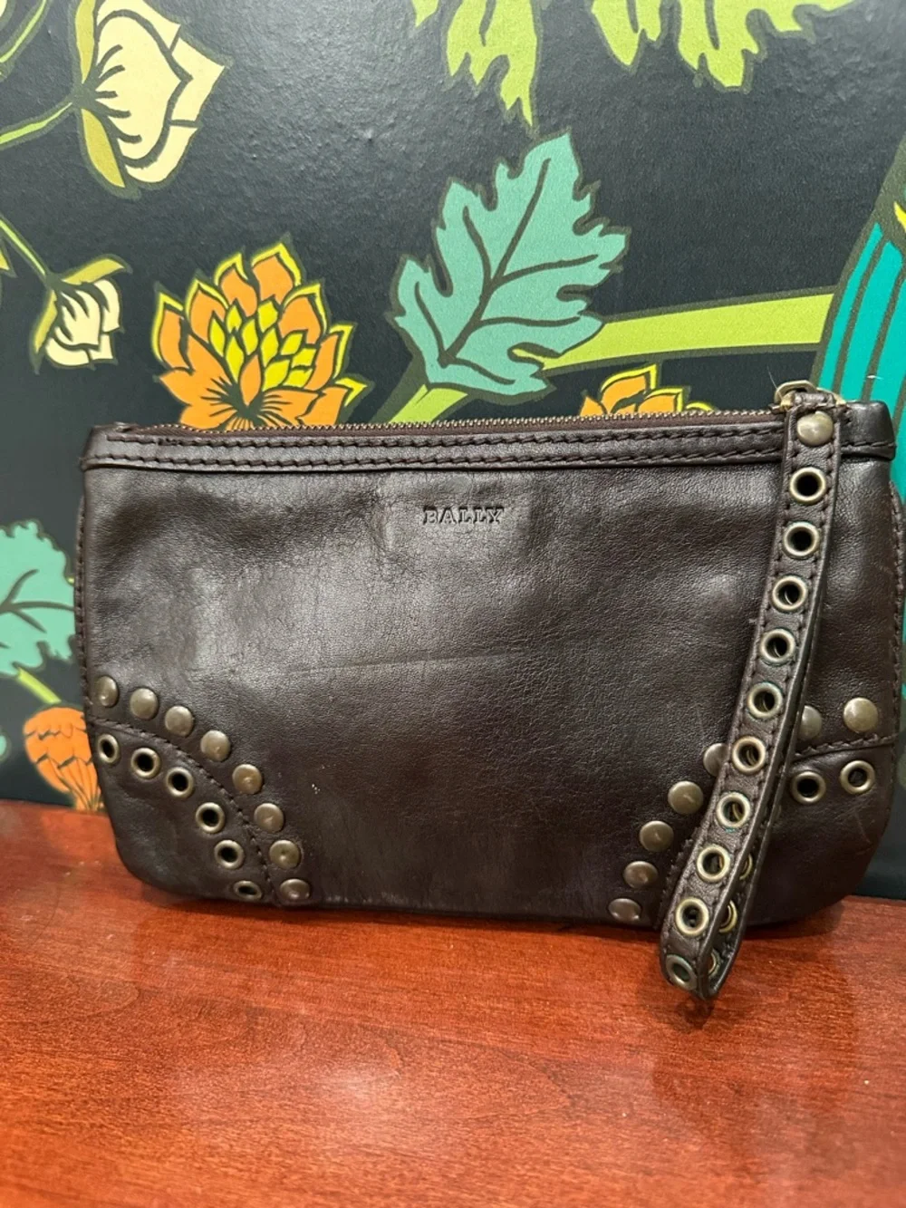 Vintage Bally Studded Leather Wristlet Clutch Y2K Moto Brown - Picture 7 of 11